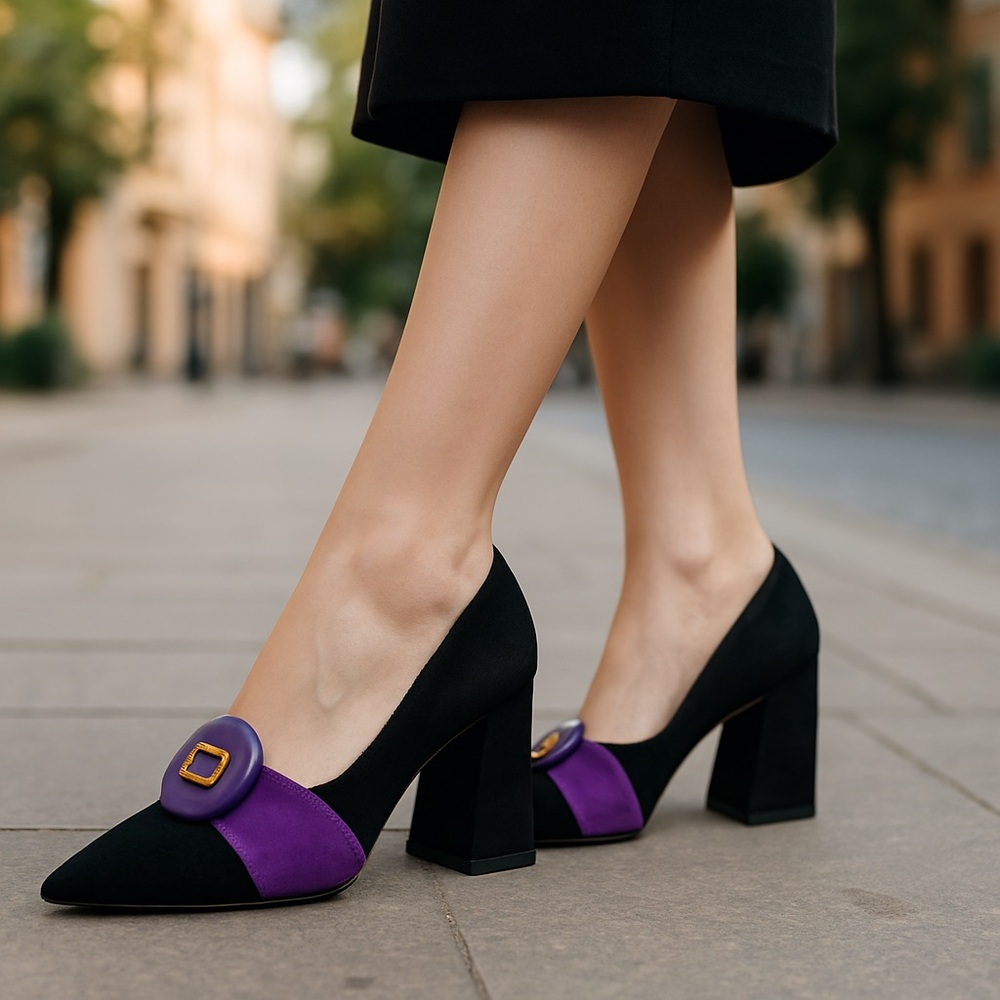 Prada Black and Purple Block Heel Pumps